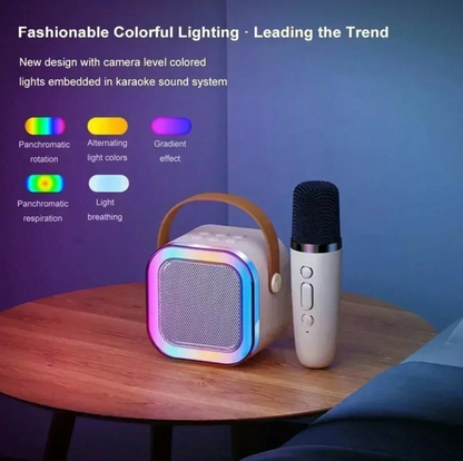 K12 Portable Bluetooth Mini Karaoke Speaker Set with Dual Wireless Microphones & LED Lights