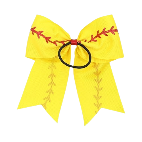 (3-Pack) 7" Softball Hair Bow – Yellow Ribbon Ponytail Bow with Red Stitch Design