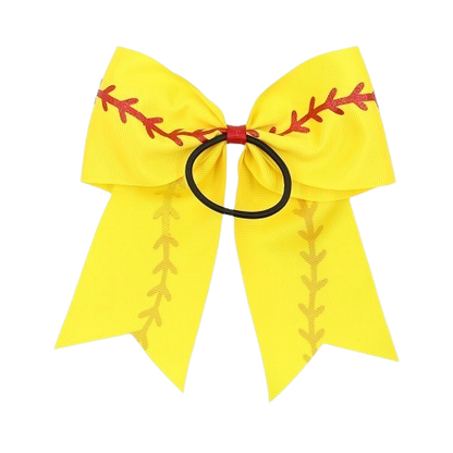 (3-Pack) 7" Softball Hair Bow – Yellow Ribbon Ponytail Bow with Red Stitch Design