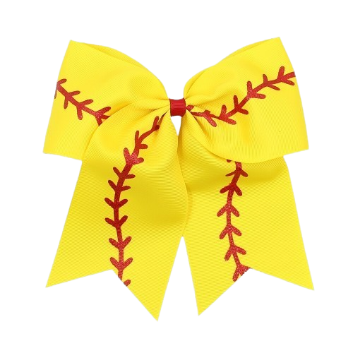 (3-Pack) 7" Softball Hair Bow – Yellow Ribbon Ponytail Bow with Red Stitch Design