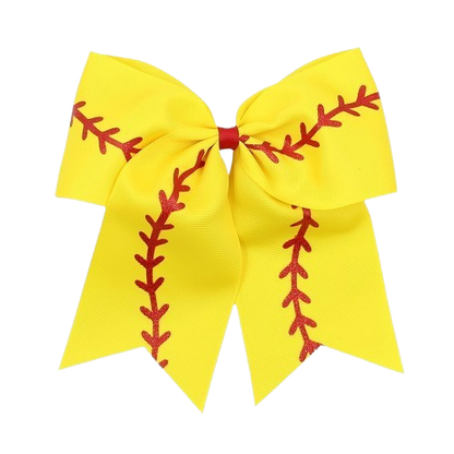 (3-Pack) 7" Softball Hair Bow – Yellow Ribbon Ponytail Bow with Red Stitch Design
