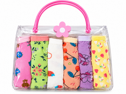 Girls’ Cotton Briefs 6-Pack – Assorted Prints in Clear Tote Bag