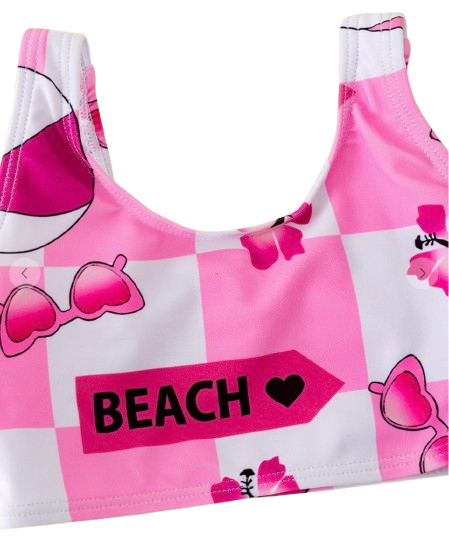 Girls Pink Beach Checkered Two-Piece Swimsuit Set with Matching Bow