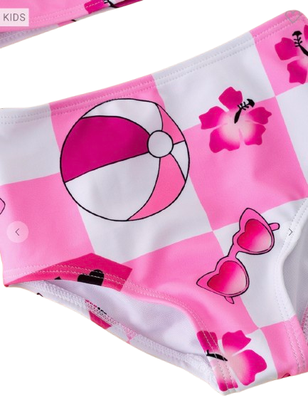Girls Pink Beach Checkered Two-Piece Swimsuit Set with Matching Bow