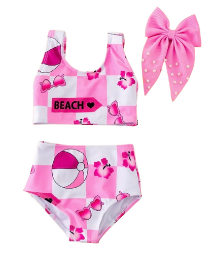 Girls Pink Beach Checkered Two-Piece Swimsuit Set with Matching Bow