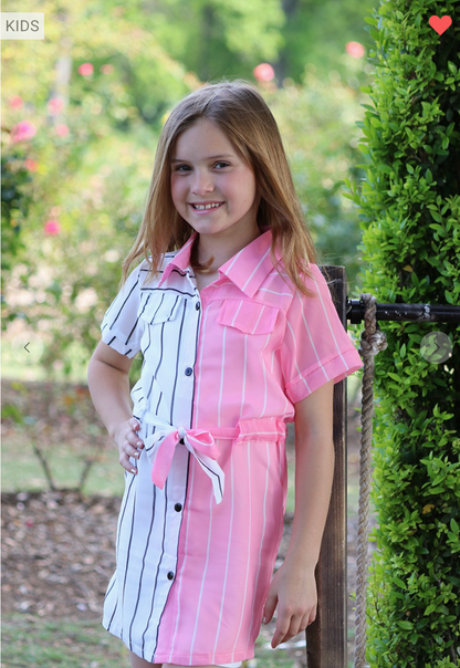 Girls Pink & White Striped Shirt Dress with Cami Lining