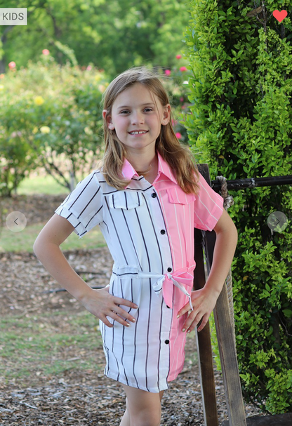 Girls Pink & White Striped Shirt Dress with Cami Lining