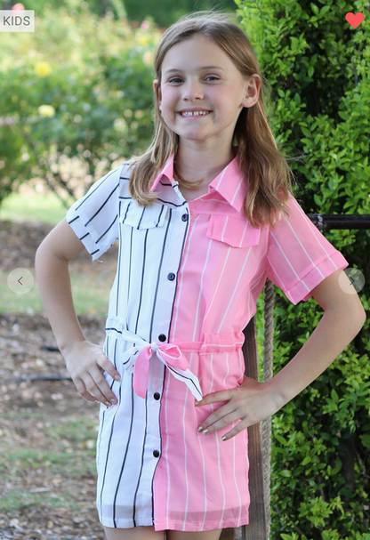 Girls Pink & White Striped Shirt Dress with Cami Lining