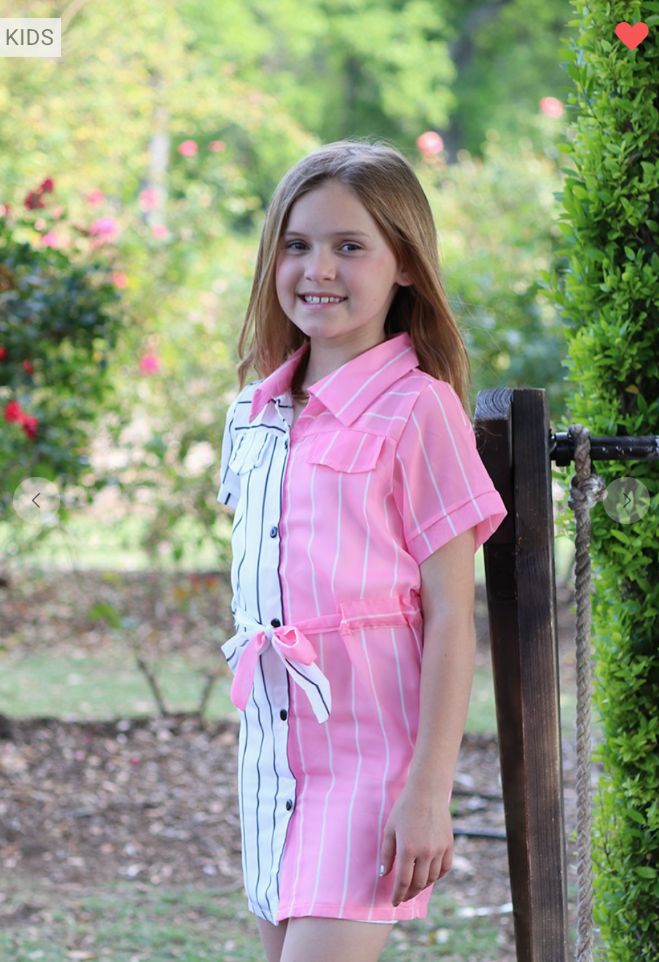 Girls Pink & White Striped Shirt Dress with Cami Lining