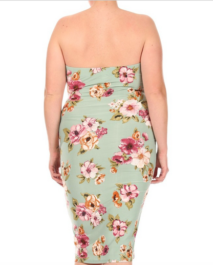 Floral Print Strapless Midi Bodycon Dress