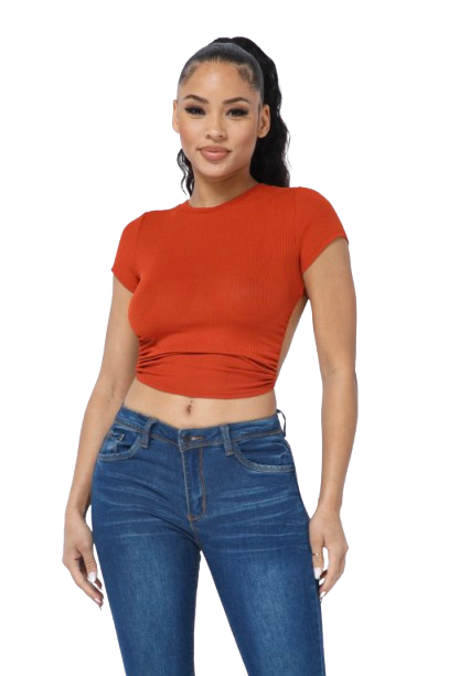 Julia by LoveJ Women’s Ribbed Open Back String Tie Short Sleeve Crop Top