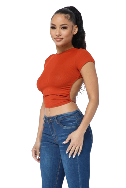 Julia by LoveJ Women’s Ribbed Open Back String Tie Short Sleeve Crop Top