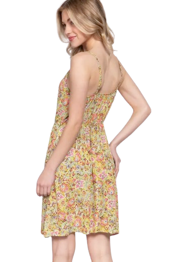 Active Basic USA Women’s Floral Print Round Neck Waist Shirring Woven Dress