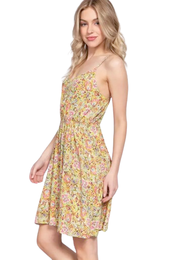 Active Basic USA Women’s Floral Print Round Neck Waist Shirring Woven Dress