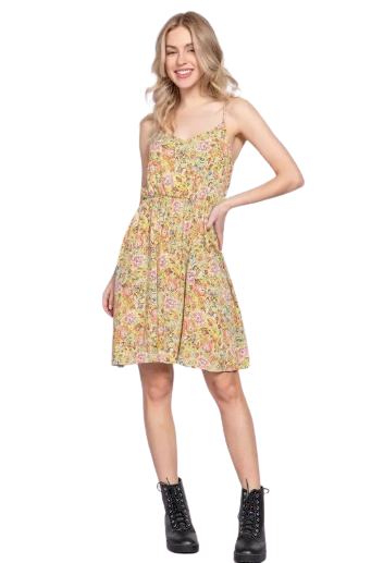 Active Basic USA Women’s Floral Print Round Neck Waist Shirring Woven Dress