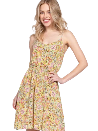 Active Basic USA Women’s Floral Print Round Neck Waist Shirring Woven Dress