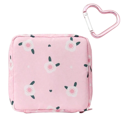 Floral Heart-Carabiner Pad Pouch – Compact Sanitary & Travel Organizer