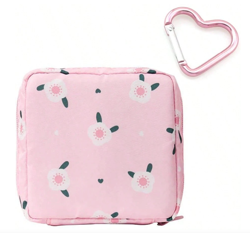 Floral Heart-Carabiner Pad Pouch – Compact Sanitary & Travel Essentials Organizer
