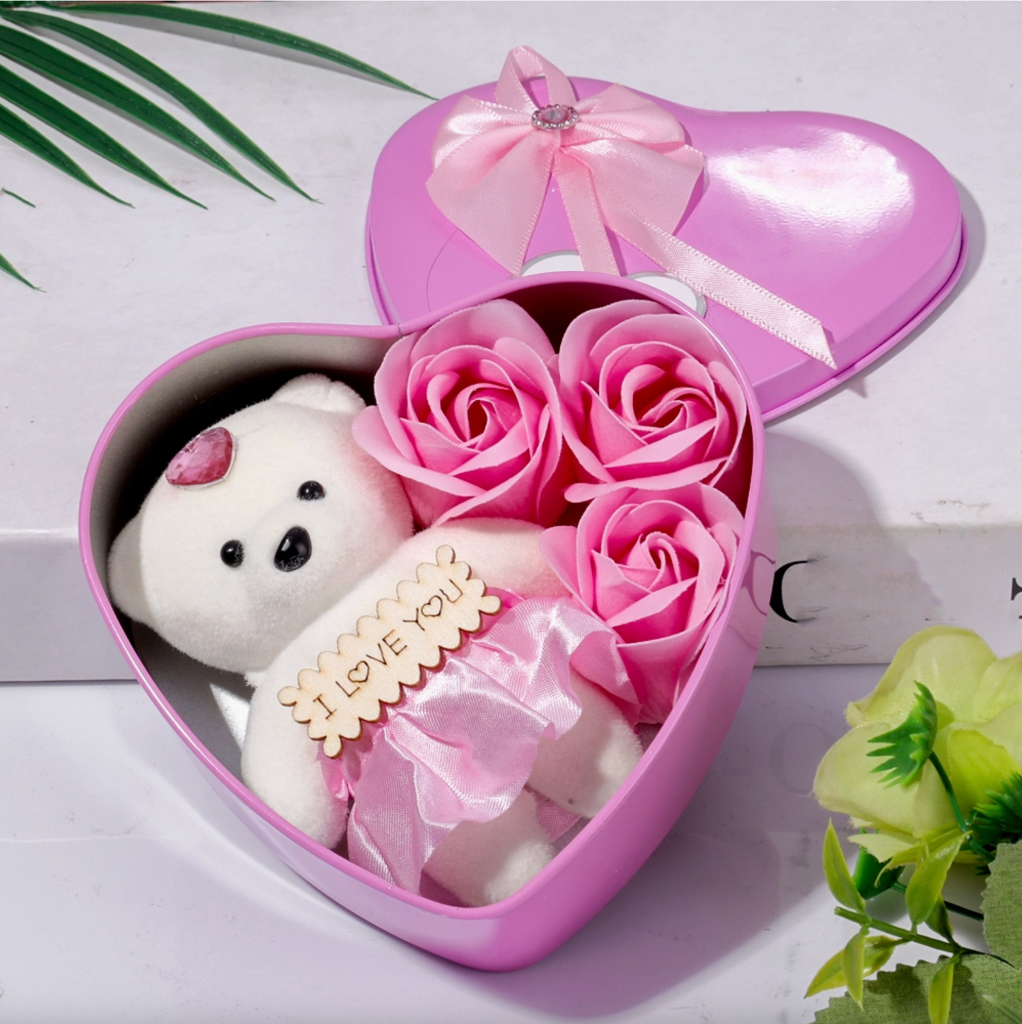 Teddy Bear Plush Heart Gift Set with Rose Artificial Flowers