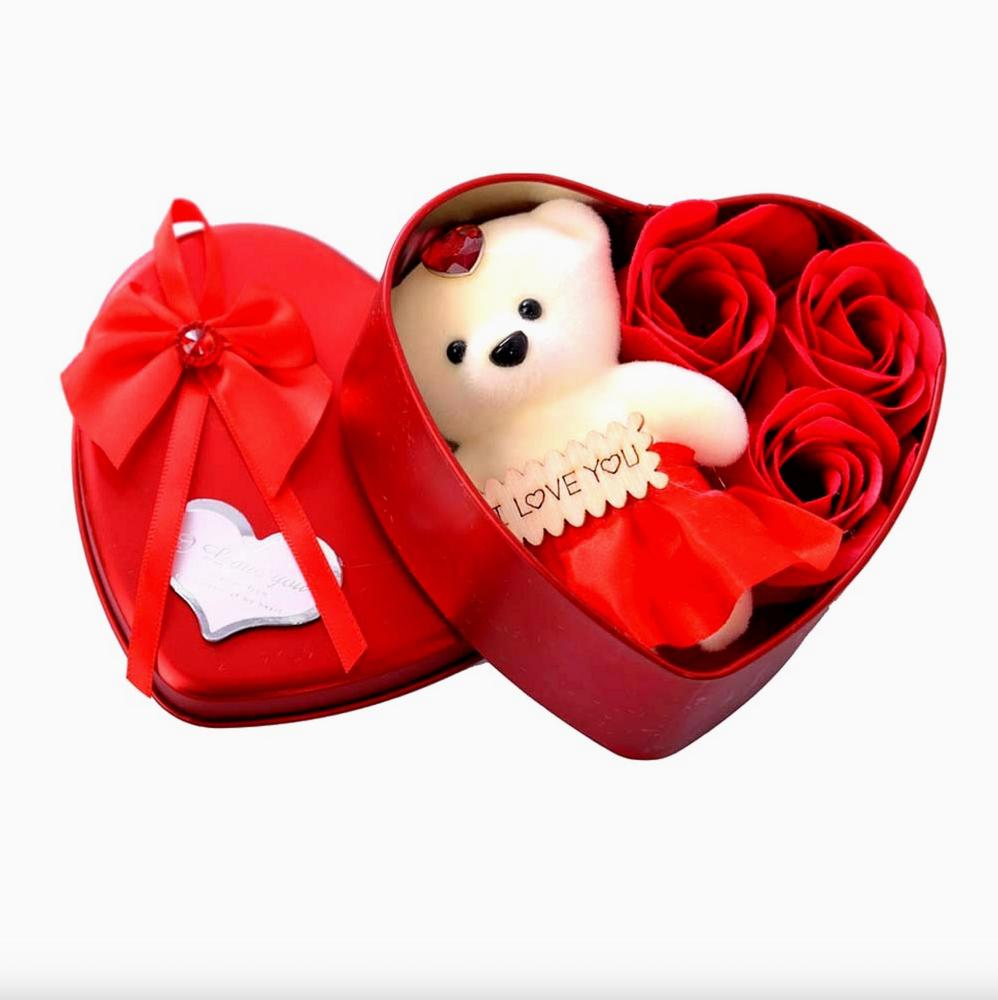 Teddy Bear Plush Heart Gift Set with Rose Artificial Flowers