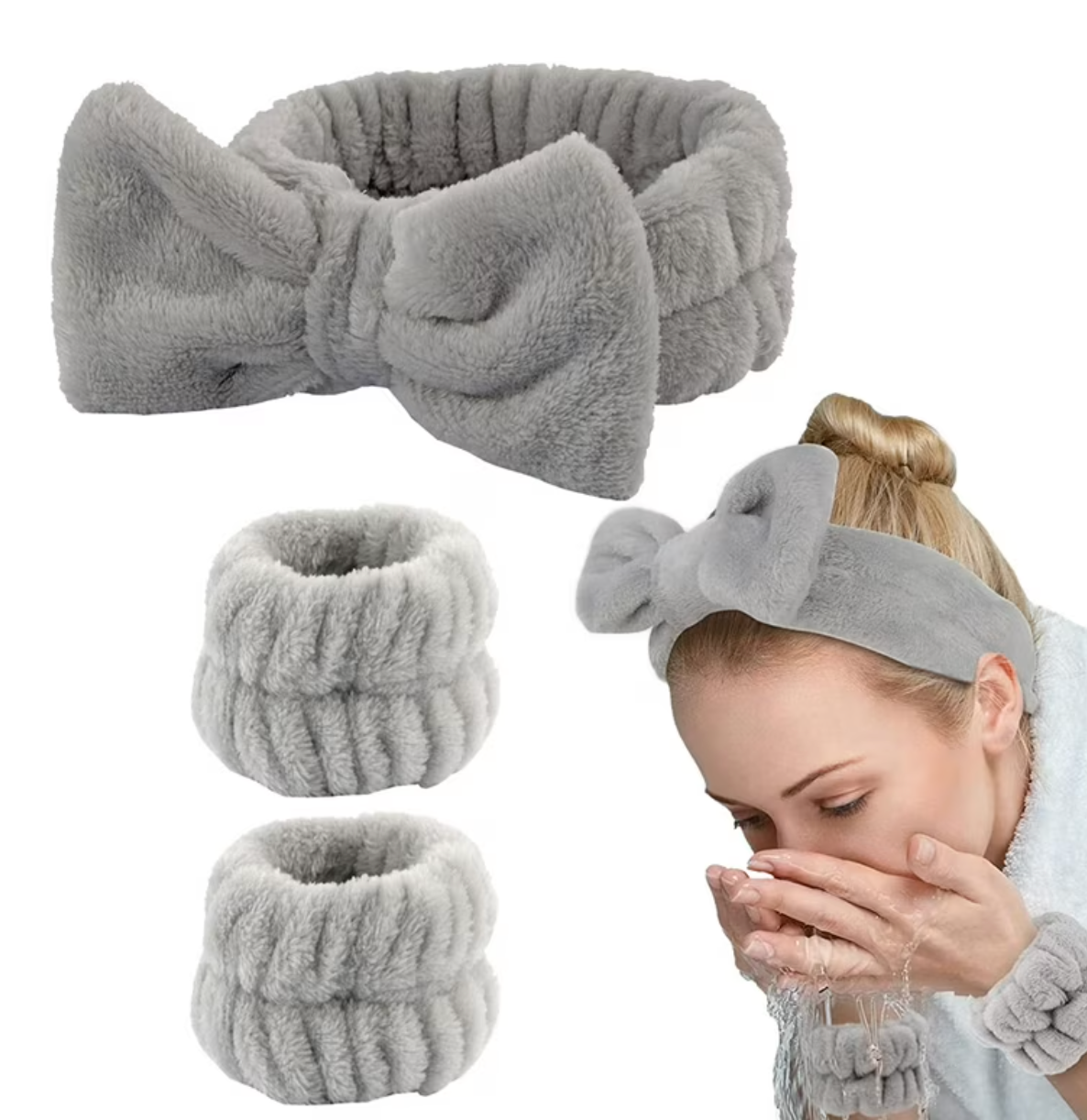 Soft Plush Face Wash Headband & Wristband Set, 3-Piece