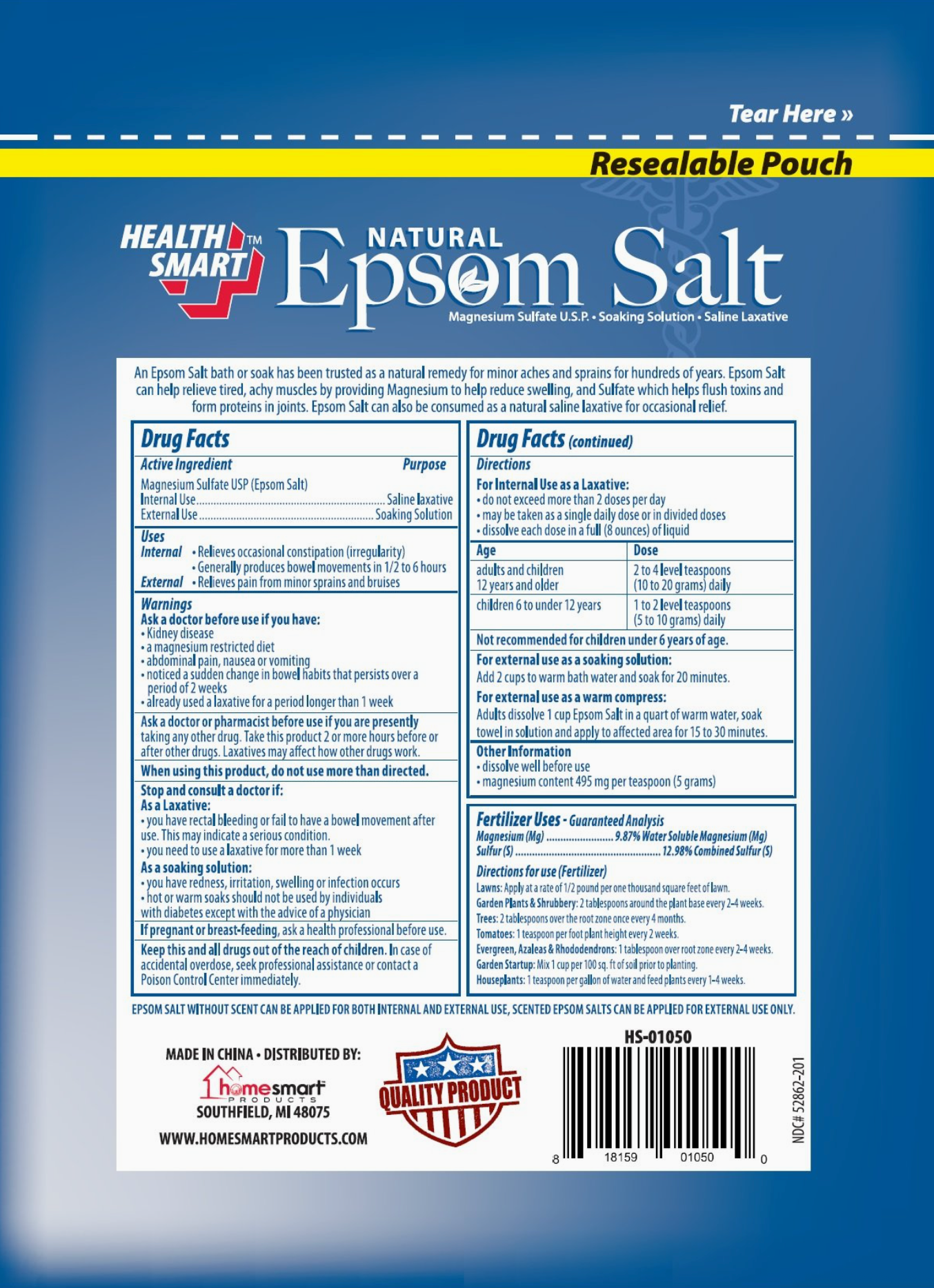 Health Smart Natural Epsom Salt Soaking Solution – Original, 16 oz