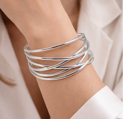 Metal Crisscross Cuff Bracelet Set – Gold & Silver Adjustable Bangles (2 Piece)