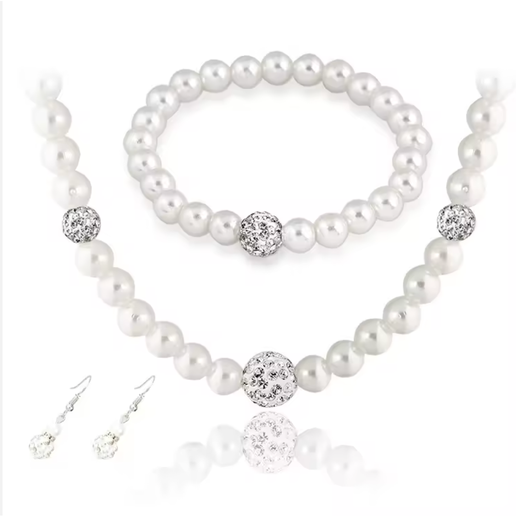 4-Piece Elegant Pearl Jewelry Set – Necklace, Bracelet & Earrings with Crystal Accent