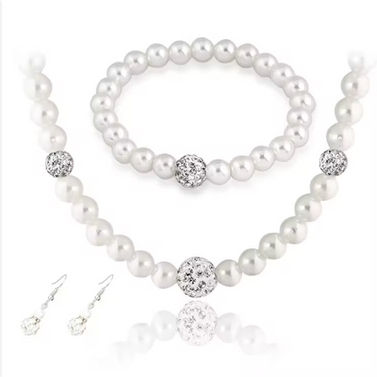 4-Piece Elegant Pearl Jewelry Set – Necklace, Bracelet & Earrings with Crystal Accent