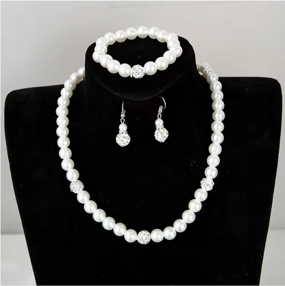 4-Piece Elegant Pearl Jewelry Set – Necklace, Bracelet & Earrings with Crystal Accent