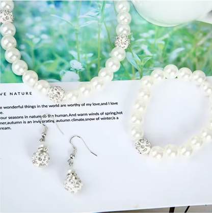 4-Piece Elegant Pearl Jewelry Set – Necklace, Bracelet & Earrings with Crystal Accent
