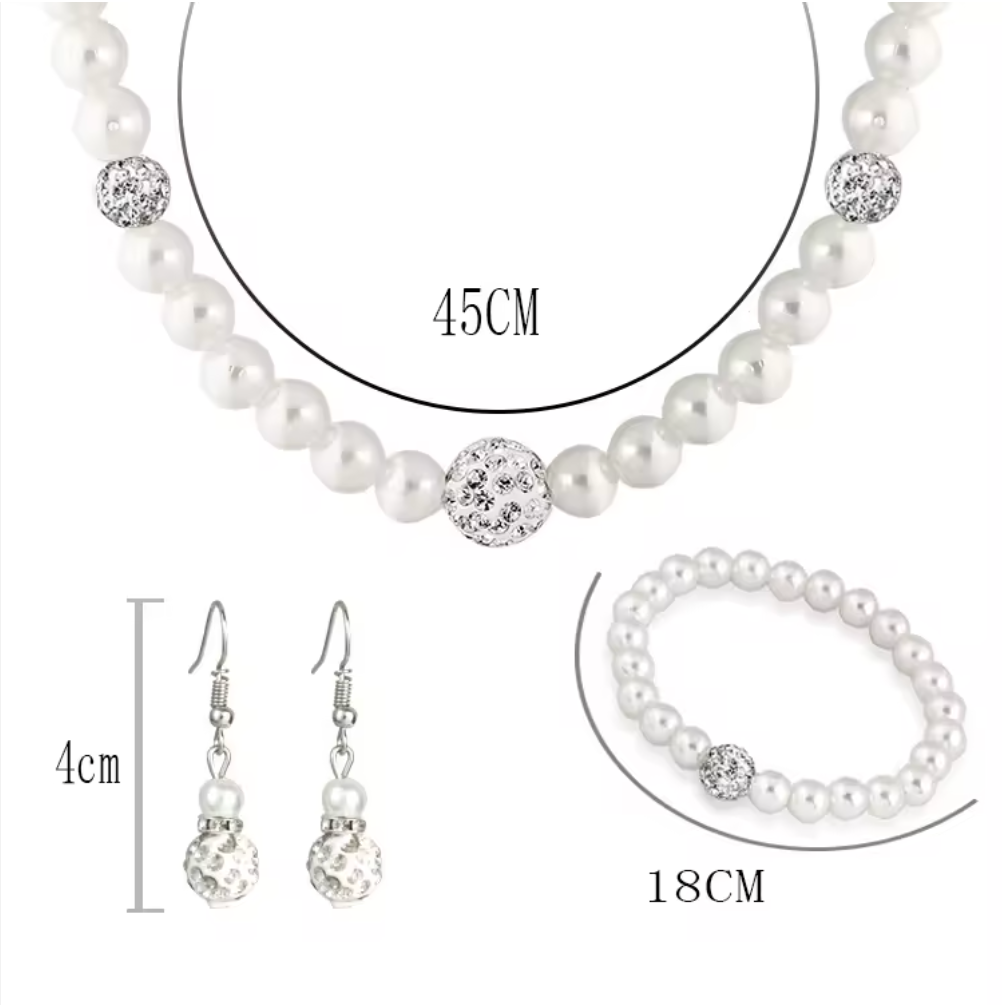 4-Piece Elegant Pearl Jewelry Set – Necklace, Bracelet & Earrings with Crystal Accent