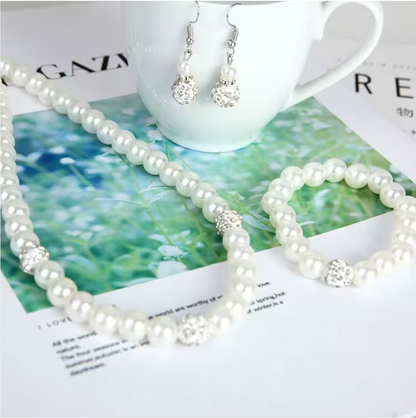 4-Piece Elegant Pearl Jewelry Set – Necklace, Bracelet & Earrings with Crystal Accent