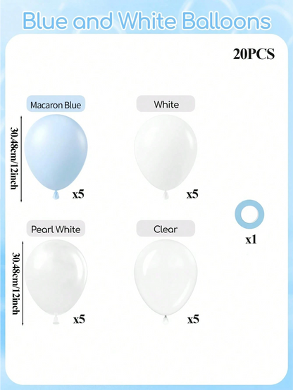 20PCS Blue & White Balloon Kit – 12 Inch Latex Party Balloons for Baby Shower, Birthday & Event Decorations