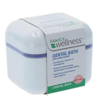 Family Wellness Dental Bath with Safety Basket Denture Case for Dentures, Retainers & Mouthguards
