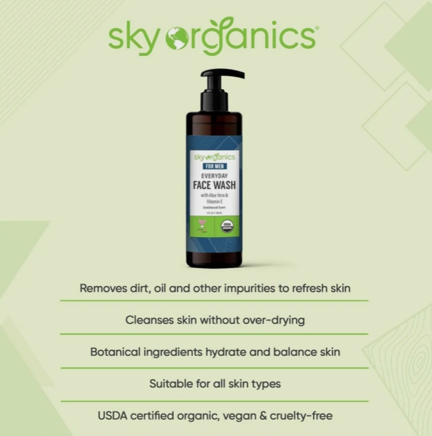 Sky Organics For Men Everyday Face Wash with Aloe Vera & Vitamin E, Sandalwood Scent, 6 fl oz