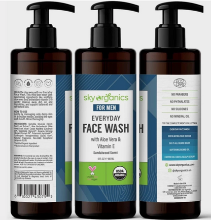 Sky Organics For Men Everyday Face Wash with Aloe Vera & Vitamin E, Sandalwood Scent, 6 fl oz