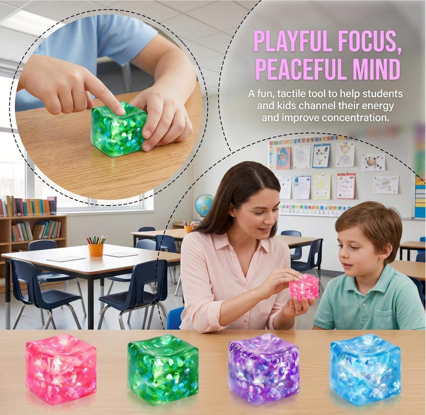 NeeDoh Nice Ice Baby Mini Cube Sensory Fidget Toy – 4-Pack Transparent Squish Set