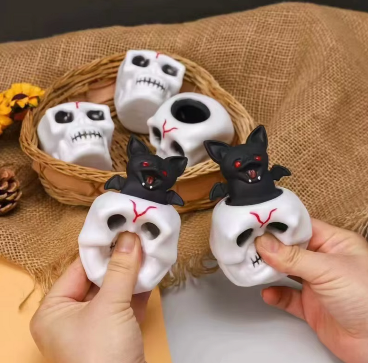 2-Pack Halloween Skull Bat & Pumpkin Ghost Rubber Squeeze Stress Relief Toys – Light-Up or Standard