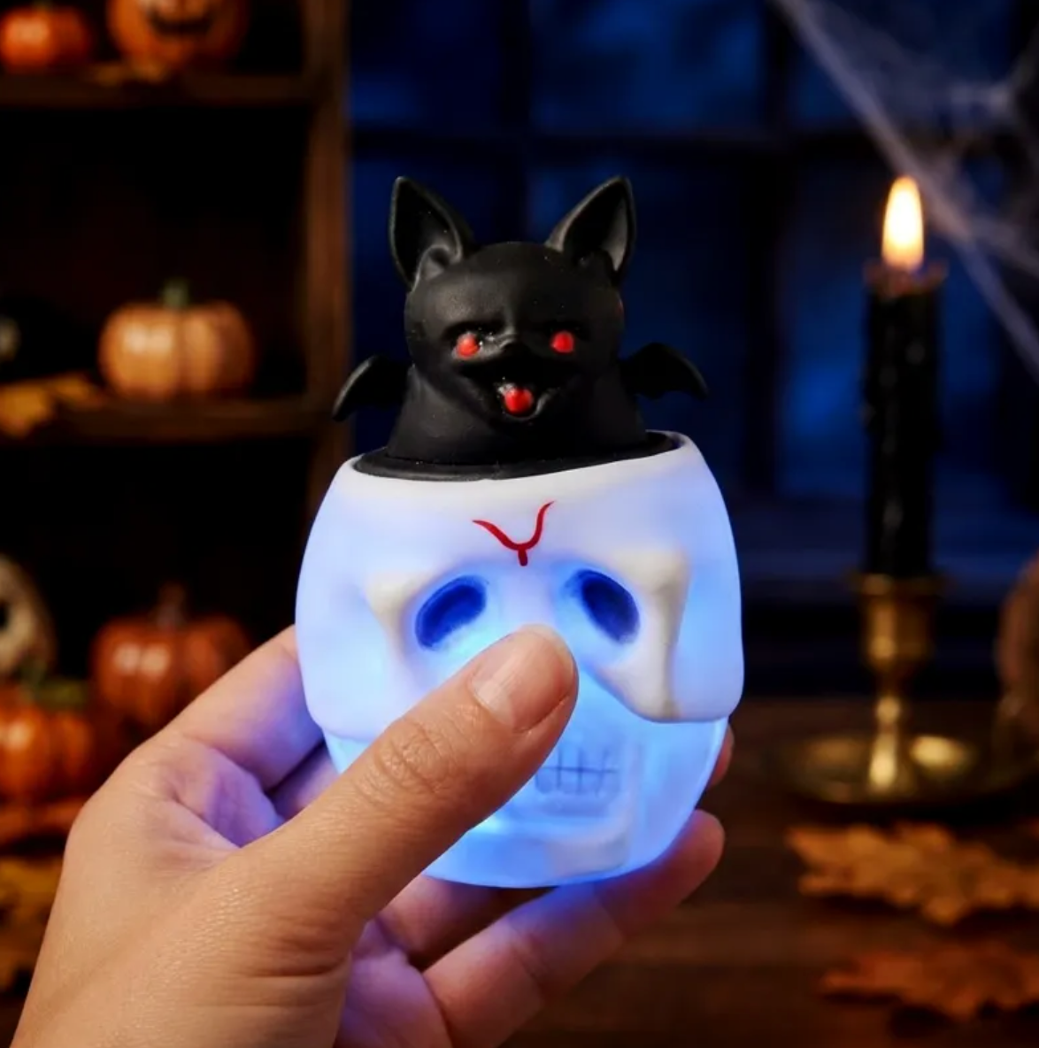 2-Pack Halloween Skull Bat & Pumpkin Ghost Rubber Squeeze Stress Relief Toys – Light-Up or Standard