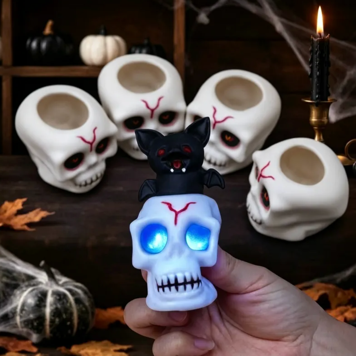 2-Pack Halloween Skull Bat & Pumpkin Ghost Rubber Squeeze Stress Relief Toys – Light-Up or Standard