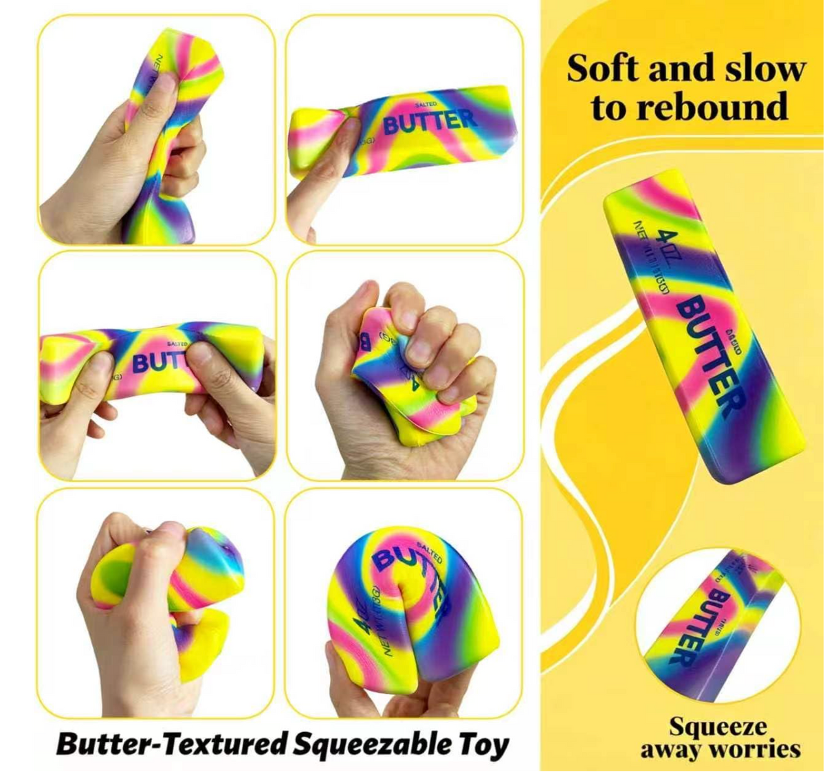 Rainbow Butter Squishy Fidget Toys – 4 oz Butter Bar Stress Relief Squeeze Toys