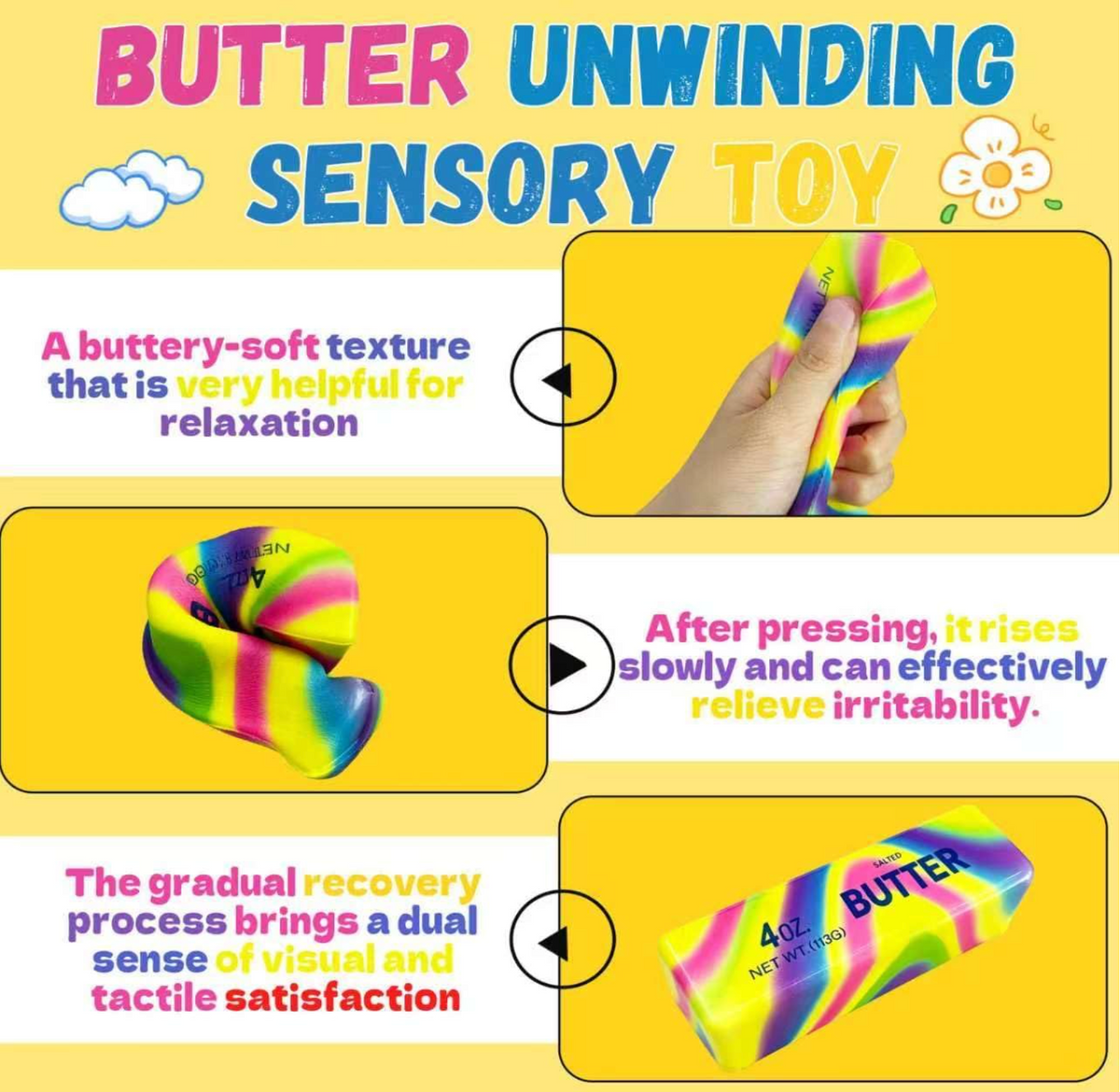 Rainbow Butter Squishy Fidget Toys – 4 oz Butter Bar Stress Relief Squeeze Toys