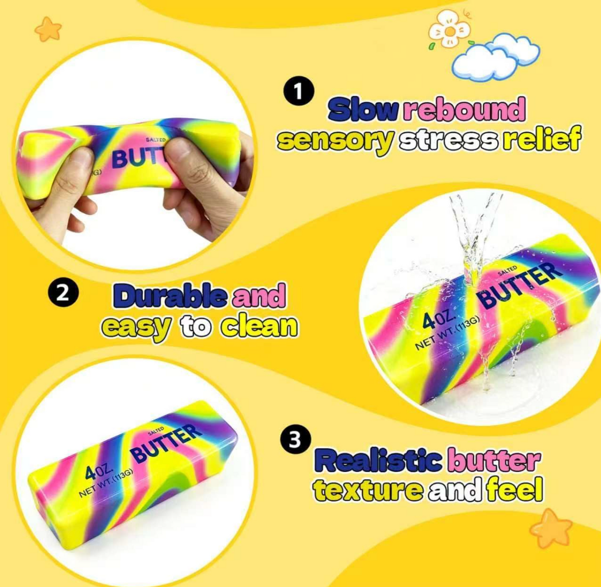 Rainbow Butter Squishy Fidget Toys – 4 oz Butter Bar Stress Relief Squeeze Toys