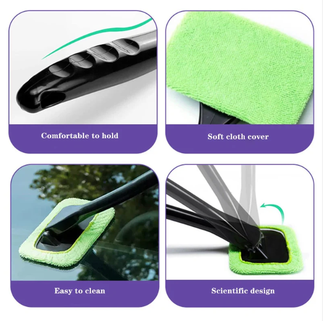 Adjustable Car Window Cleaning Tool – 180° Rotating Glass Scraper with Microfiber Pad