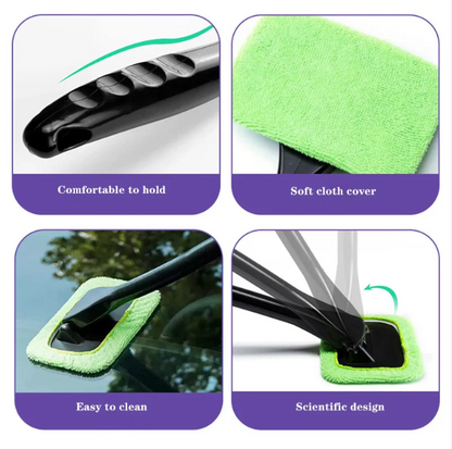 Adjustable Car Window Cleaning Tool – 180° Rotating Glass Scraper with Microfiber Pad