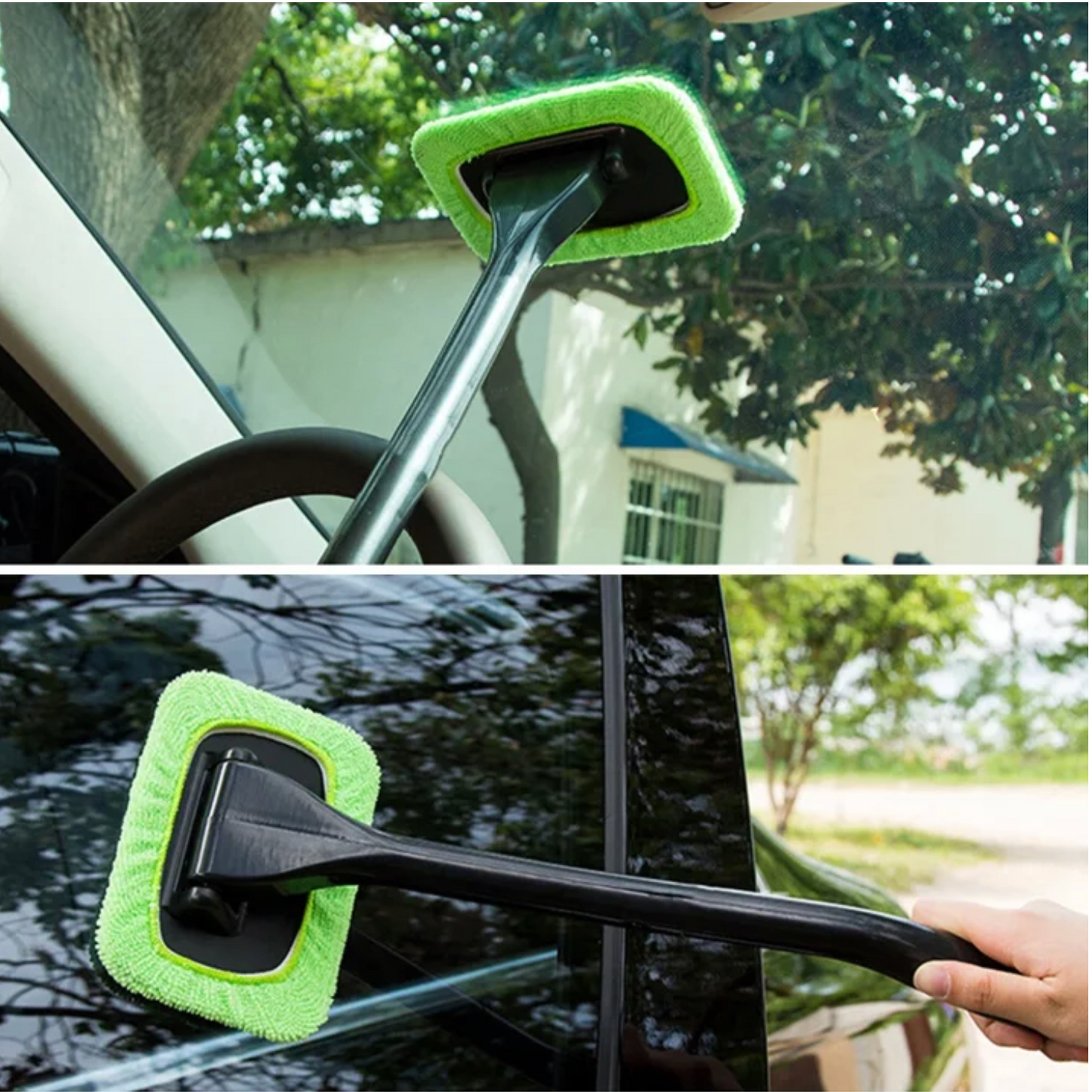 Adjustable Car Window Cleaning Tool – 180° Rotating Glass Scraper with Microfiber Pad