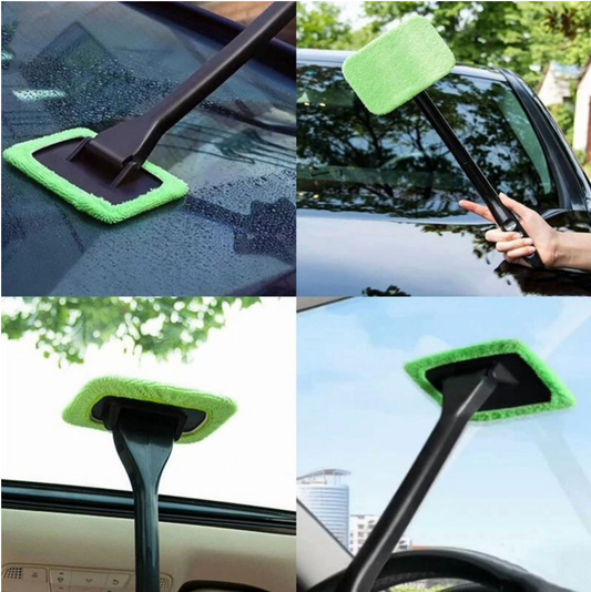 Adjustable Car Window Cleaning Tool – 180° Rotating Glass Scraper with Microfiber Pad