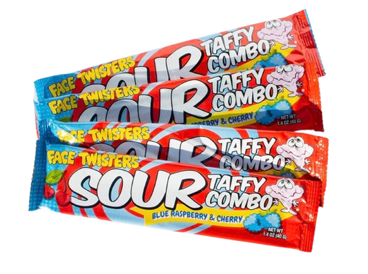 Face Twisters Sour Taffy Combo Blue Raspberry & Cherry – 4 Pack