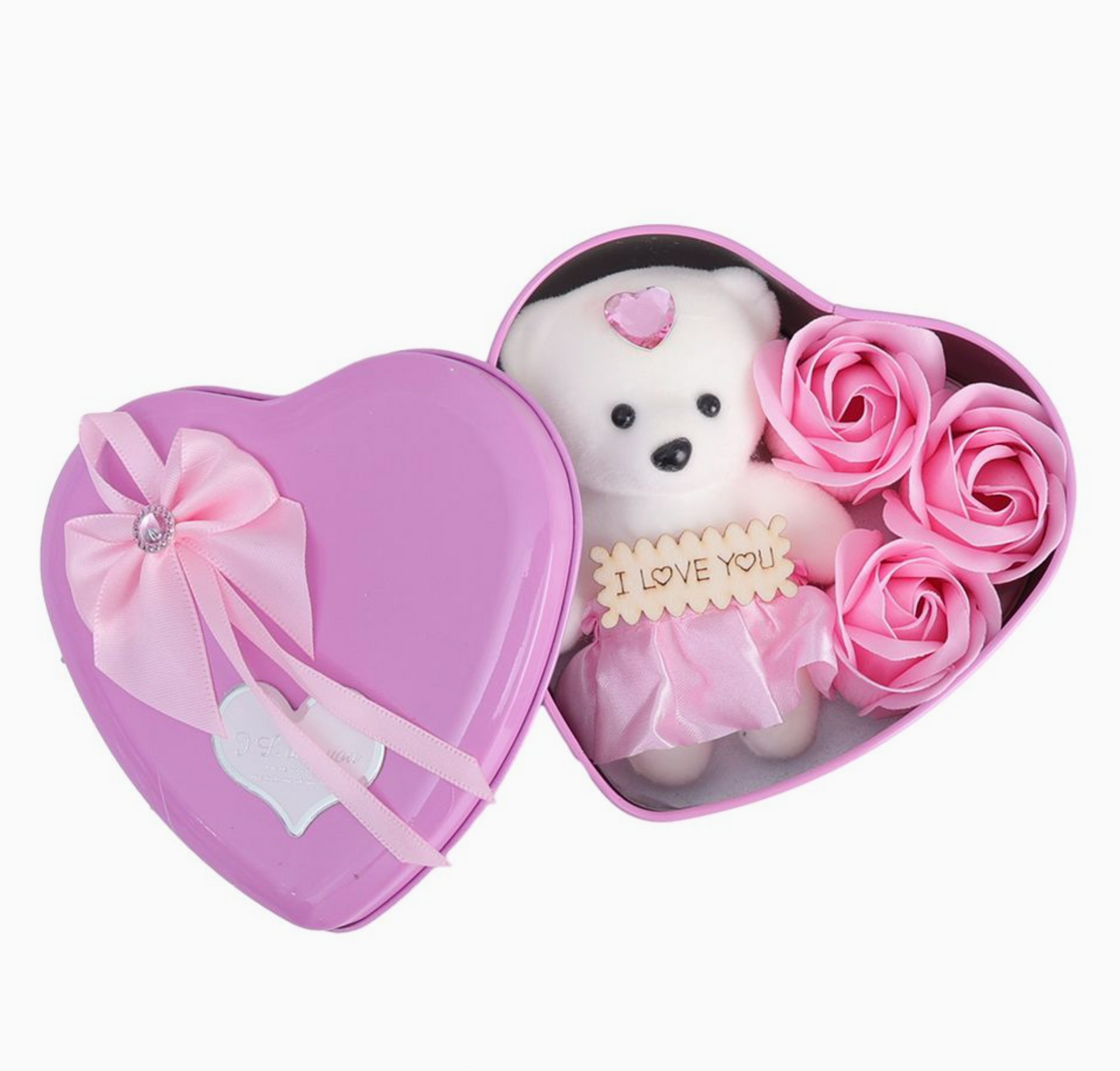 Teddy Bear Plush Heart Gift Set with Rose Artificial Flowers